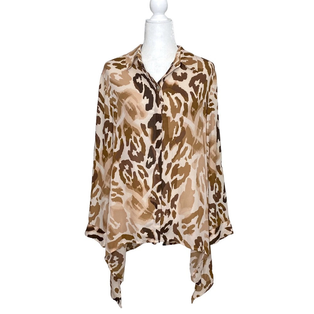 Chico's Leopard Animal Sharkbite Collared Button Down Semi Sheer Tunic Blouse